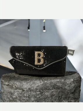 Bebe Black Sequin Clutch with  Gold embellished chain and Gold 'B' Emblem